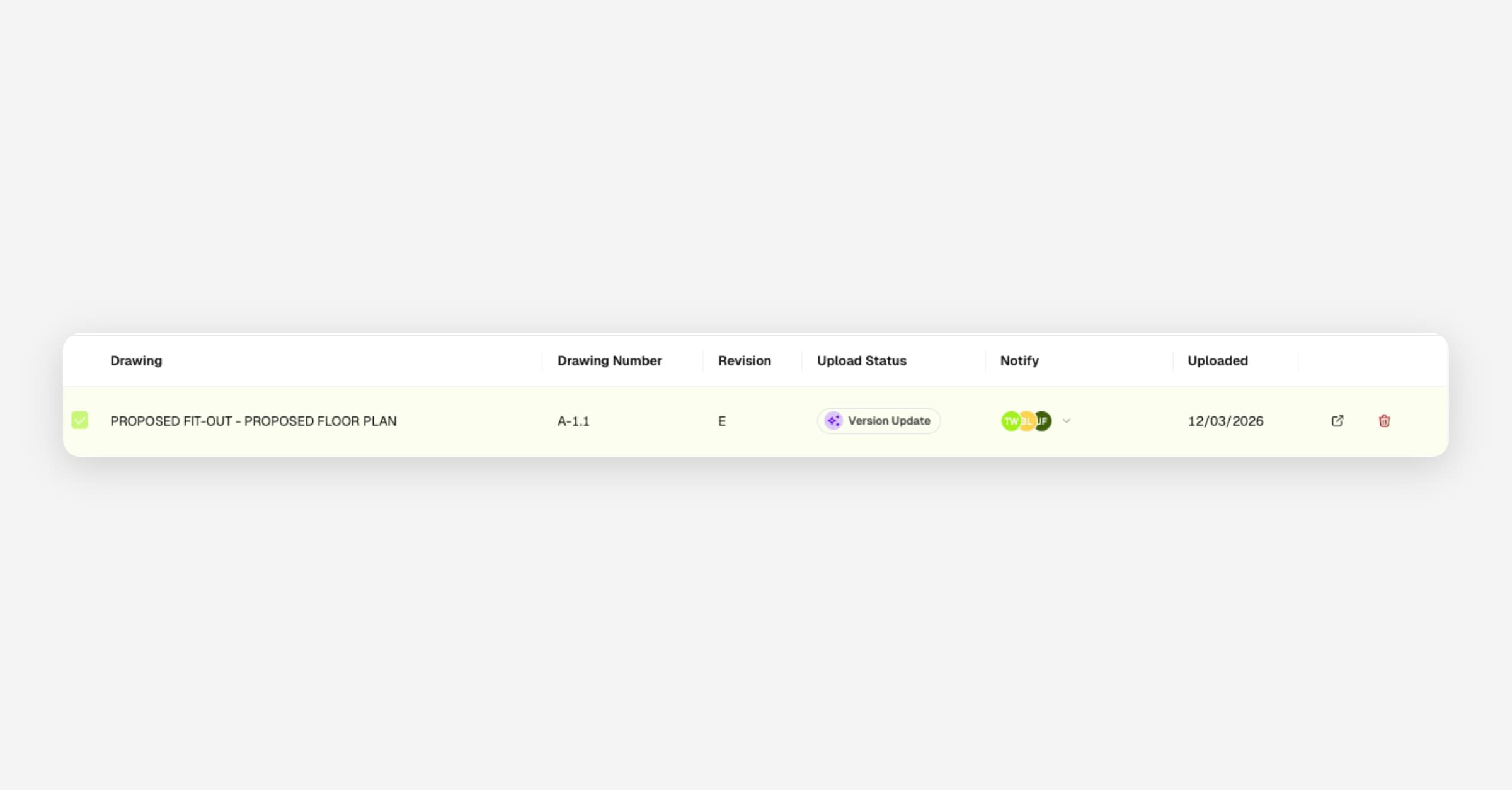 Drawing upload flow showing the recipient selection prompt after files are uploaded