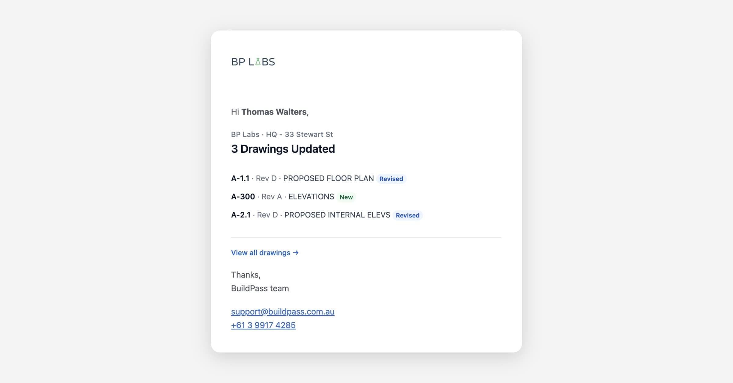 Drawing notification email showing the list of updated drawings with revision numbers