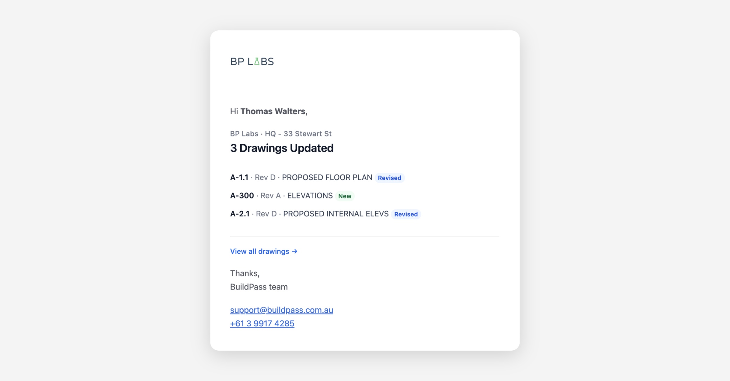 Drawing notification email showing the list of updated drawings with revision numbers